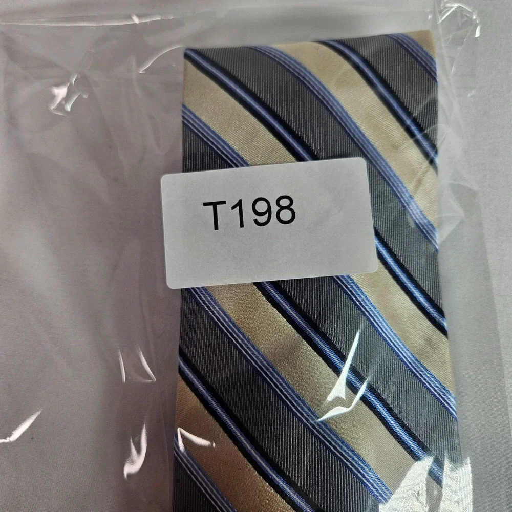 Perry Ellis Portfolio 100% Silk Hand Made Tie Gray Gold Stripes‎ 4